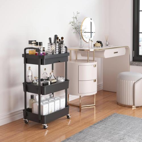 Black Calmootey 3-Tier Rolling Utility Cart with Drawer,Multifunctional Storage Organizer with Plastic Shelf & Metal Wheels,Storage Cart for Kitchen,Bathroom,Living Room,Office,Black
