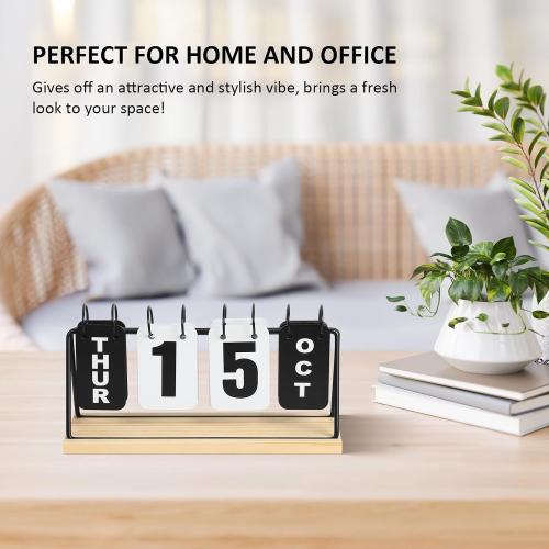 Metal Desk Calendar Standing Flip with Wooden Base, Daily Perpetual Flip Calendar with Large Display, Modern Farmhouse Desktop Calendar for Home Office Decor, Reusable and Foldable