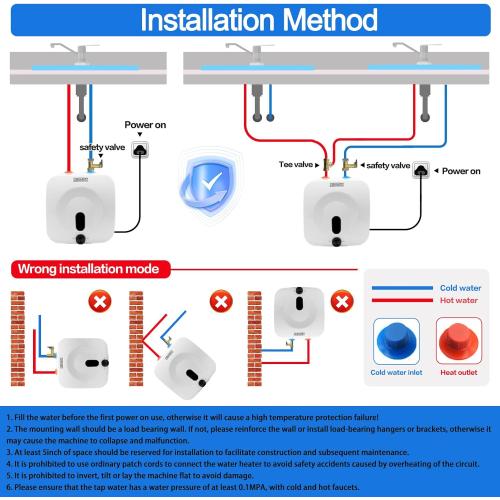 2.5 Gallon Mini Tank Water Heater Under Sink Hot Water 1500W 120V Water Heaters for RV Kitchen RV 1/2”NPT Stainless Steel Hose 3-way Fitting White