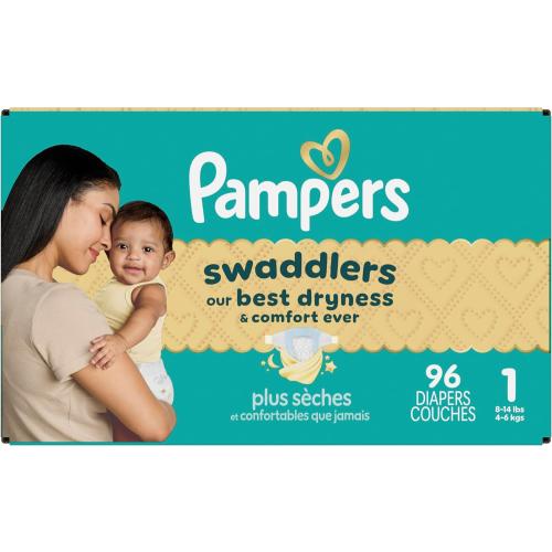 Pampers Swaddlers Diapers, Size 1 (8-14 lbs), 96 Count, Absorbent, Keeps Baby Dry and Comfortable, Skin Safe Disposable Baby Diaper (Packaging May Vary)