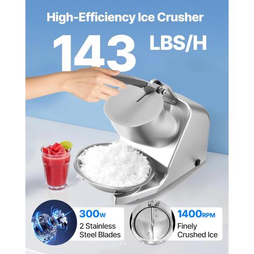 VEVOR Ice Crusher Machine, 143lbs Per Hour Electric 2 Blades Snow Cone Maker, Stainless Steel Shaved Ice Machine with Bowl and Cover, 300W 2000RPM Ice-Shaver for Home and Commercial Use, Silver