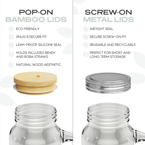 20oz Mason Jar Mug Set of 4 with Handles, Lids, Straws & Cleaning Brush - Overnight Oats & Iced Coffee Cups