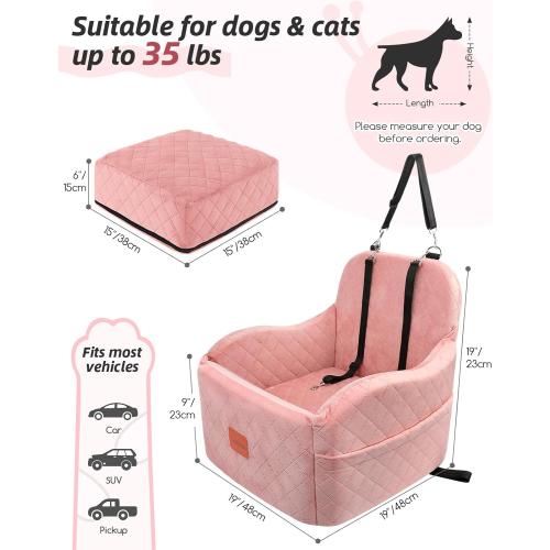 Dog Booster Car Seat for Small/Medium Dogs,Soft Puppy Portable Car Seat with Elevated Cushion,Fits in Front/Back Seat,Fully Detachable and Washable,Easy to Install (Pink, Medium)