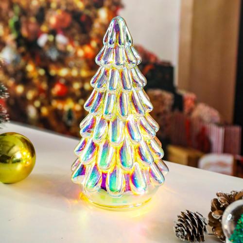 Small Christmas Tree Tabletop Decor - Glass LED Lighted Xmas Tree Ornament.            Window Home Decor Holiday Decorations.  ( Set of 4 )