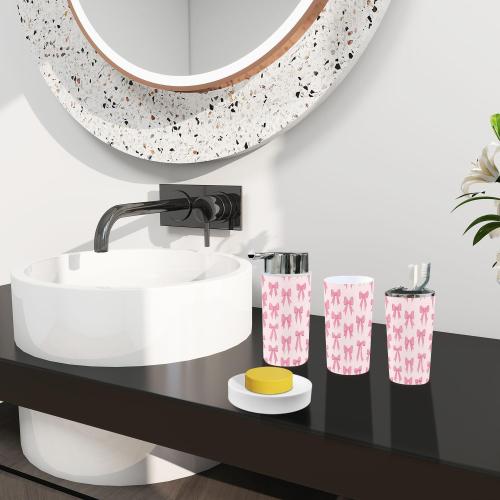 Bathroom Accessory Set 6 Piece Boho Cute Coquette Seamless Pattern Bow Delicate Pink Trendy Patterned Trash can, Toothbrush Holder, Soap Dispenser, Soap Dish, Toothbrush Cup, Toilet Brush Holder
