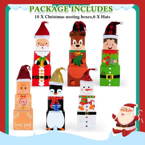 Cholemy 24 Pcs Christmas Stackable Box Decoration Set Nesting Gift Boxes with Lids and Christmas Hat Large Three Dimensional for Party Decoration, 6 Styles