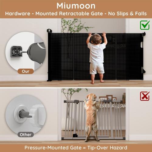 Miumoon One-Hand Operation Retractable Baby Gates, 150 inch Retractable Gate with Reinforced Strip Design to Prevent Crawling Through, 12 FT Extra Wide Retractable Dog Gate for Indoor/Outdoor