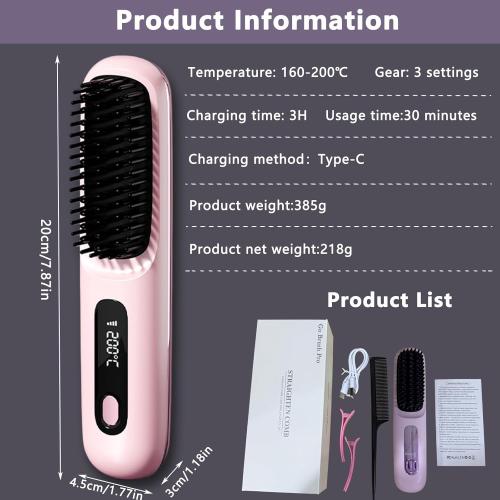 2026 Go Brush Pro for Short Hair, Portable Straightener Brushs for Travel, with LCD Temperature Display, Fast Heating Cordless Mini Hair Brushs Styling Tools (Purple)
