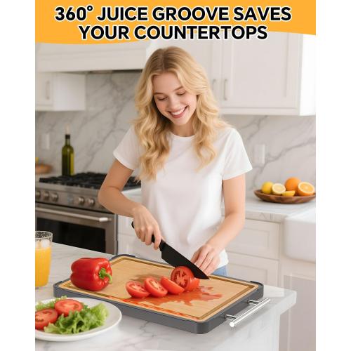 Cutting Boards for Kitchen - Food Grade Double Sided Pure Titanium& Bamboo Chopping Board with Handle, Slip resistant Non-toxic Charcuterie Board Housewarming Gifts (16×11)