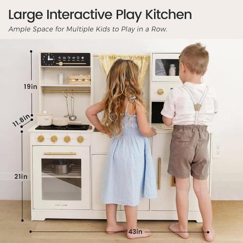 Tiny Land Play Kitchen for Kids, Toy Kitchen Set with Plenty of Play Features, New Modern Kids Wooden Play Kitchen Designed in Trendy Home Style with Curtains, Gift for Ages 3