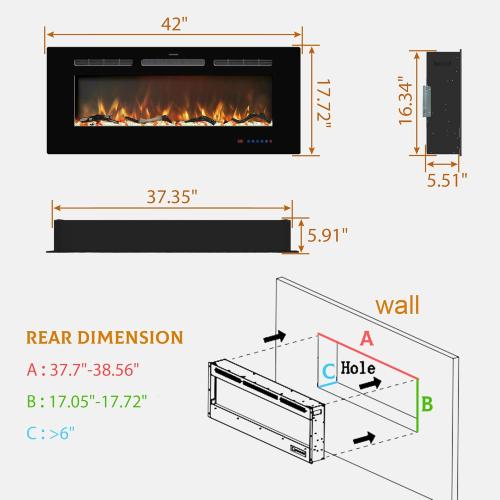 Size 42 inches Electric Fireplace Inserts, Recessed and Wall Mounted Fireplace Heater, Linear Fireplace w/Thermostat, Remote & Touch Screen, Multicolor Flame, Timer, Logs & Crystal, 750W/1500W