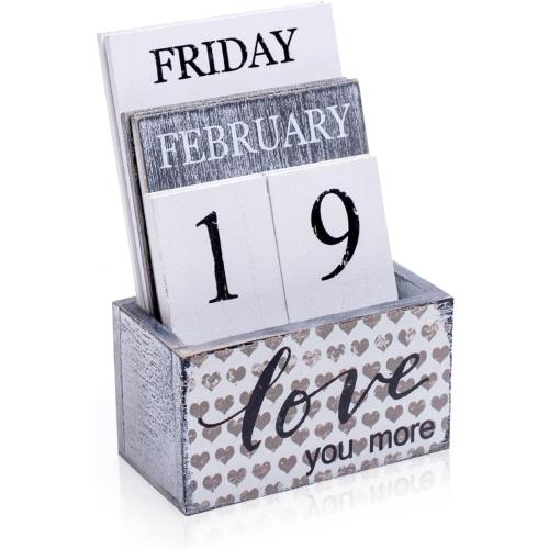 Notakia Perpetual Calendar Wooden Calendar Blocks Vintage Wood Block Calendar for Home Office Desk Accessories Week Month Date Display (Love you more)