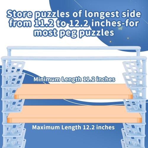 2 Sets Puzzle Storage Rack for 18 Puzzles, Puzzle Organizer for Wooden Peg Puzzle, For Longest Side from 11.2 to 12.2 Inch, Adjustable Slot: 1 Inch and 2 Inch, Material: ABS Plastic, Light Blue
