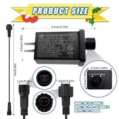 12V 2A LED Controller with Extension Cord, 24W Class 2 Power Supply Ip44 Low Voltage Transformer ，Replacement Model RH-120V2000U4-1 for Christmas String Light Inflatable Decorations (12V 2A 1PCS)