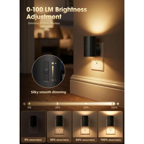 Brightown 2 Pack Black Night Lights with Rotating Plug, Soft White | Modern Night Light with Rotating Plug, Dusk to Dawn Sensor, 0-100LM Stepless Dimming Night Light for Hallway Bedroom Bathroom