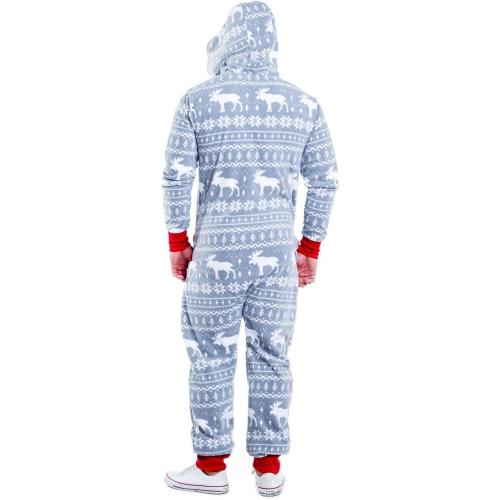 Men Hooded Fleece Pajamas Funny Graphic Loungewear 1-Piece Jumpsuit Sleepwear Homewear Romper