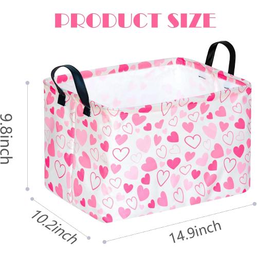 MAIZMZ Girls Gift Basket Heart Print Storage Cube for Women, Closet Shelf Organizer Bins Empty Gift Basket with Handles Nursery hamper Kids Toys Books Box Room Deco