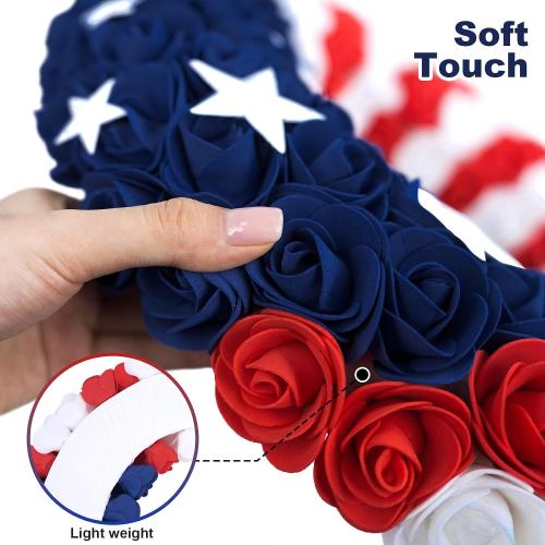 18Inch 4th of July Patriotic Roses Wreath, DILIBRA Red Blue White Foam Flower Wreath for Front Door, Artificial Memorial Day American Flag Wreath Garland Decoration for Indoor and Outdoor