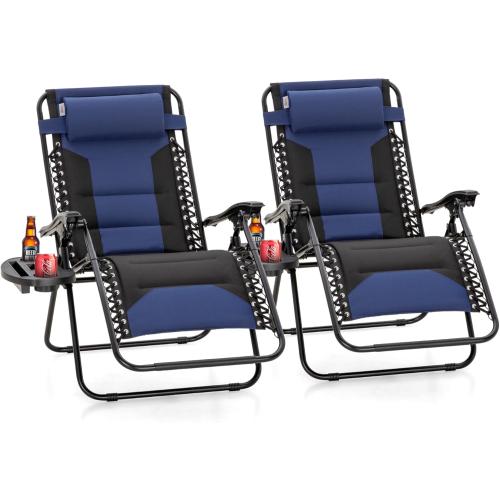 PHI VILLA Zero Gravity Chair Set of 2, Padded Anti Gravity Recliner, Oversized 28 Wide Seat, Foldable Patio Lounger with Armrest & Cup Holder, Supports 400 LBS (Blue Black)