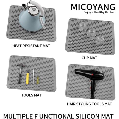 Silicone Dish Drying Mat for Multiple Usage,Easy clean,Eco-friendly,Heat-resistant Silicone Mat for Kitchen Counter or Sink,Refrigerator or drawer liner Grey L 16 inches x 12 inches