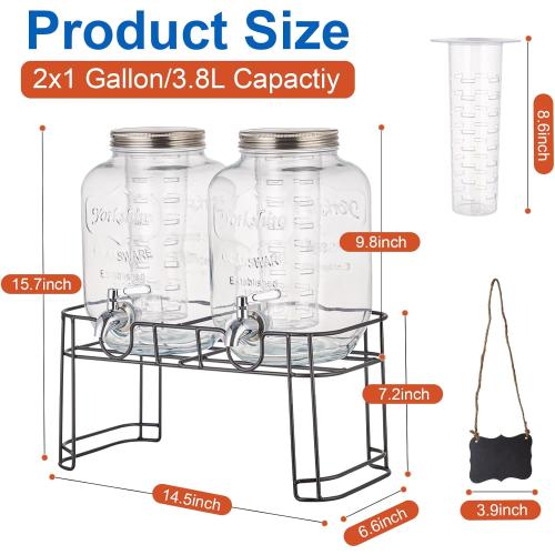 1 Gallon Glass Drink Dispensers for Parties, 2PACK Beverage Dispenser with Stand, Fruit Infuser and Stainless Steel Spigot 100% Leakproof, Beverage Dispenser for Lemonade Sun Tea