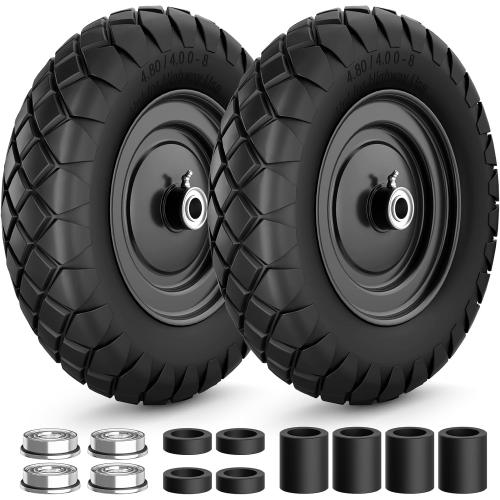 RONPOW 4.80/4.00-8 Flat Free Wheelbarrow Tire and Wheel, 16 Solid Puncture Proof Replacement Tires with 5/8 & 3/4 Bearings, 400Lbs Load, Universal Fit for Garden, Farm & Construction, 2Pack Black