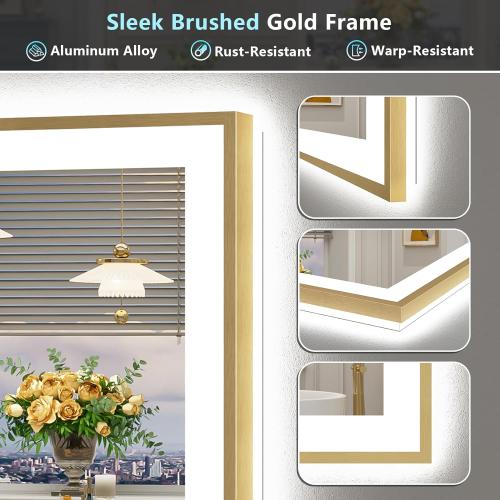 28x36 Gold LED Bathroom Mirror with Lights, Brushed Gold Framed Backlit and Front Lit Anti-Fog Lighted Vanity Mirrors for Bathroom Wall, Dimmable, 3 Colors, Memory, HD Tempered Glass, CRI＞90