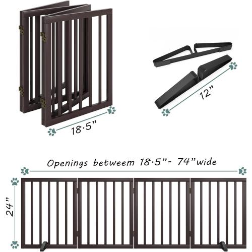 Wooden Dog Gate Freestanding Foldable 4 Panel Pet Gates Extra Wide Dog Gates for Indoor Doorways Stairs 24in Height Support Feet Included