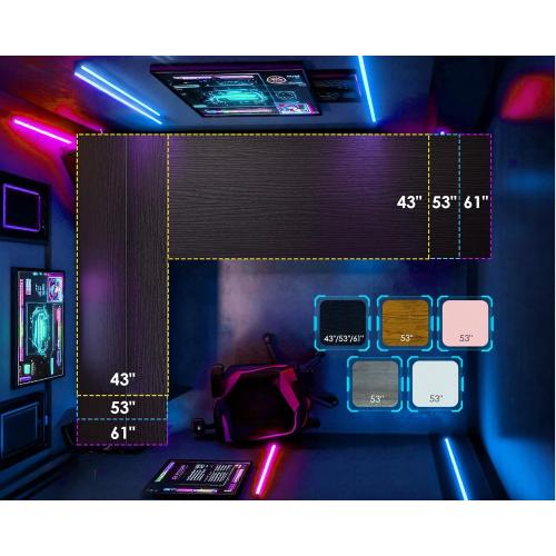 AODK L Shaped Desk Gaming Desk with LED Light & Power Outlet, 43 Inch Reversible L Shaped Computer Table with Shelf, Corner Desk with Storage Bag&Hook for Home Office Desk, Black