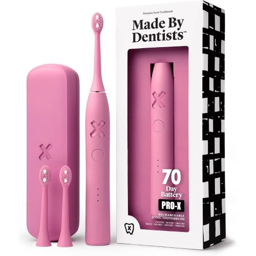 Made by Dentists PRO‑X Sonic Electric Toothbrush for Adults – 70‑Day Battery on One Charge, Dentist‑Designed Whitening Rechargeable Toothbrush, 3 Brush Heads & Travel Case, 3 Modes, Pink