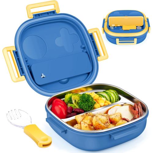 Bento Box for Kids,Stainless Steel-2-Compartment - Complete Lunch Set with Portable Cutlery - Ideal for Children Under 3 Years Old - Dishwasher Safe & BPA-Free(Blue)