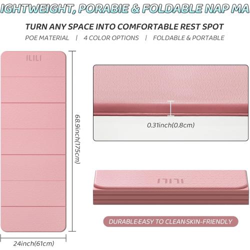 ILILI Foldable Yoga Mat 71 * 24 * 0.3 Inch | Lightweight TPE Non Slip Exercise Mat, Waterproof Portable Fitness Mat for Home Gym, Pilates, Stretching & Daily Workouts