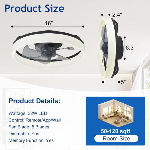 DLLT LED Ceiling Fan with Light: 16 Modern Low Profile Flush Mount Fandelier with App & Remote Control - Dimmable Black Bladeless Fan Light Fixture for Bedroom Kids Room Living Room