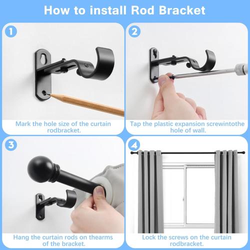 Curtain Rods for Windows 16 to 48 Inches, Curtain Rod Max Adjustable Length of 60 IN, 6/8 Diameter Drapery Rods Round Finials, Black, Pack of 1