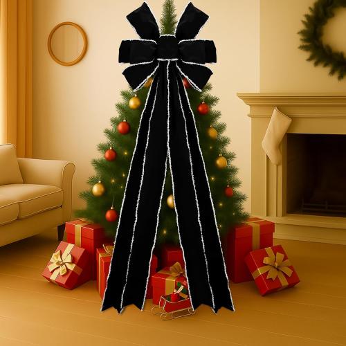 Hungdao Black 71 x 24 Inch Velvet Bow Giant Christmas Tree Topper Extra Large Wreath Bow Decoration Big Ribbon Tie with White Edge for Christmas Tree Xmas Indoor Front Door Wall Accent Porch Entryway