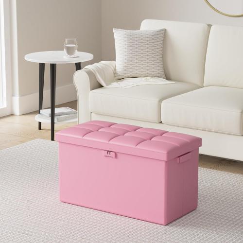 DocSafe Storage Ottoman Bench with Lock,Fireproof 30 Inches Folding Bench Foot Rest Stool Storage Chest Safe for Living Room,Bedroom,Home Office,Waterproof Leather Ottoman with Handles,Pink