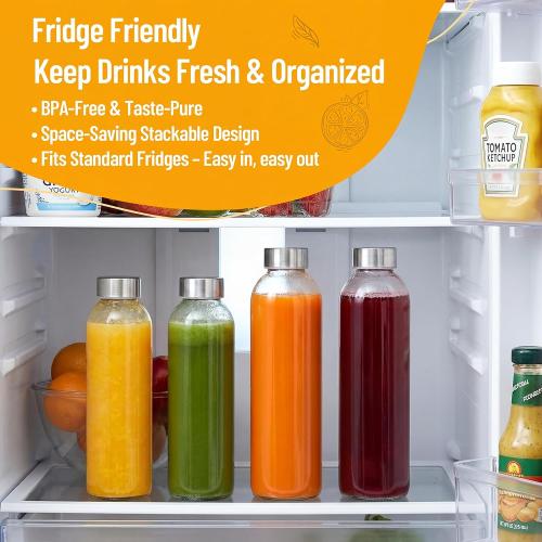 Luxfuel 18 oz Clear Glass Water Bottles with Lids, Reusable Glass Juice Bottles with Stainless Steel Cap for Juicing, Refrigerator,100% Leak Proof, BPA Free, Set of 24