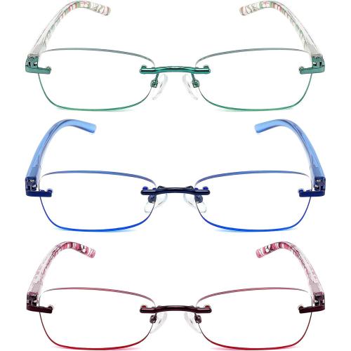 JJWELL 3 Pack Blue Light Blocking Reading Glasses for Women, Anti Eyestrain/Computer Glare UV 400 Filter Readers with Spring Hinge, Lightweight Rimless Tinted Metal Blue Rays Eyeglasses (3.00)