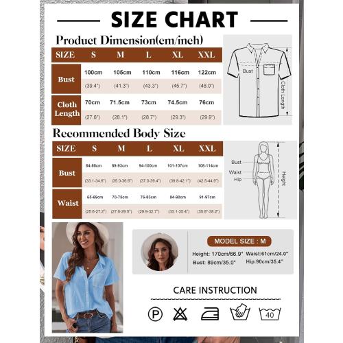 Womens XL Button Down Shirts Cotton Summer Tops V Neck Short Sleeve Shirt Collar Blouse Casual Plain Tshirt Work Tops