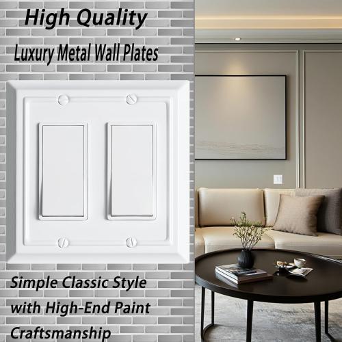 Metal Decorative Wall Plate, Electrical Outlet Covers,Light Switch Covers,Thick and Durable Mid Size 4.92'' x 4.92'' Switch Plate in Various Styles (Pure White, 2 Gang Decorator 2 PK)