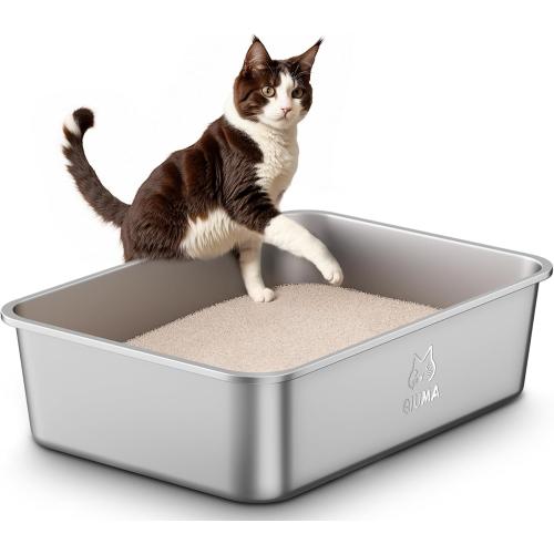 Qiuma Stainless Steel Litter Box, Large Cat Litter Box with High Sides, Odor-Free, Non-Stick, Easy to Clean, 19.5×13.6×5.9, Ideal for Medium to Large Cats, Litter Tray