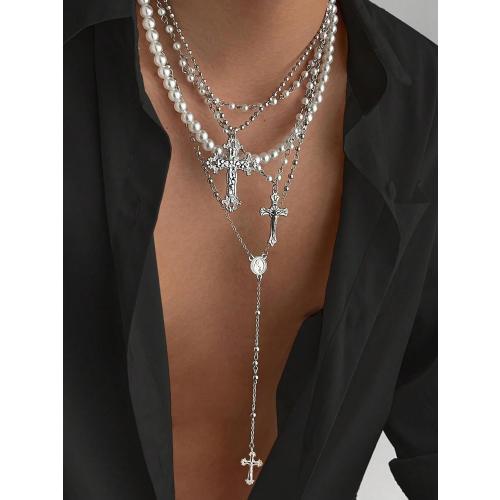 Silver Layered Cross Necklace Set For Women, 4Pcs Pearl Rosary Choker Chunky Christian Pendant Vintage Long Y Gold Necklace Stack Religious Statement Boho Gothic Adjustable Jewelry Gift