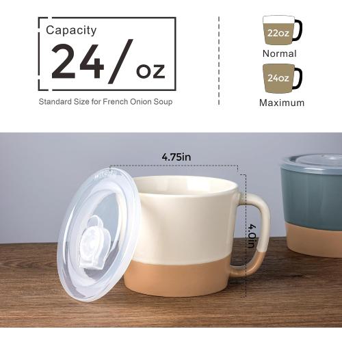 AmorArc 24 Ounces Soup Bowls with Large Handles and Lids, Stoneware Bowls for Soup, Cereal, Stew, Noodle, Colourful Ceramic Kitchen Bowls, Microwave & Dishwasher Safe (Multi-Color2, Set of 2)