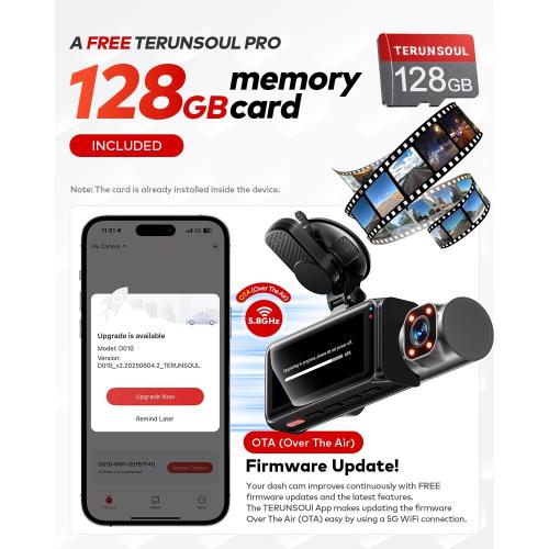4K 4K 1080P Dash Cam Front and Rear with Cabin, Free 128GB Card Included, WiFi 6 - up to 20MB/s, IR Night Vision, Built-in GPS, G-Sensor, 170°Wide Angle, 24H Parking Mode, Support 512GB Max