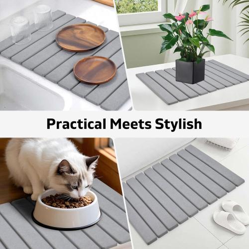 Stone Dish Drying Mat for Kitchen Counter – Collapsible 24(L)×16 (W) Super Absorbent Diatomaceous Earth Dish Drying Mat, Grey Kitchen Counter Mats for Dishes ,Bottles, Cups, Match Any Countertop