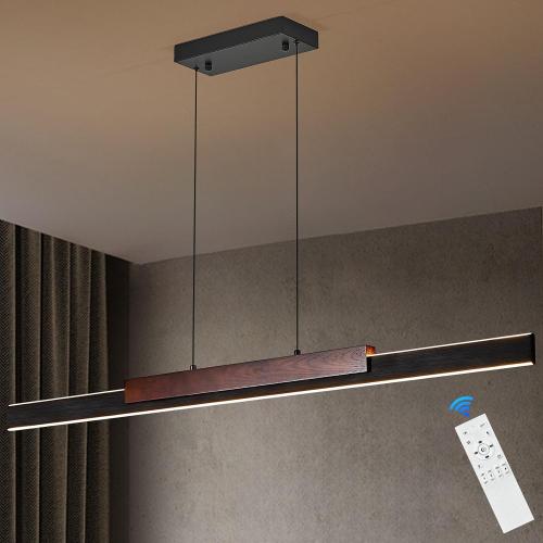 Modern LED Linear Pendant Lights 52 inch LED Chandelier Lighting for Home Office Black and Wood Dining Room Hanging Light Fixture Modern Dimmable Kitchen Island Lighting
