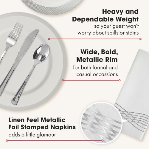 By Madee Heavyweight Elegant Disposable Dinnerware Set - Silver Fancy Plastic Dinnerware Sets with Plates, Cutlery, Napkins - Disposable Party Plates for Wedding, Baby Shower - 400 Pcs (50 Guests)