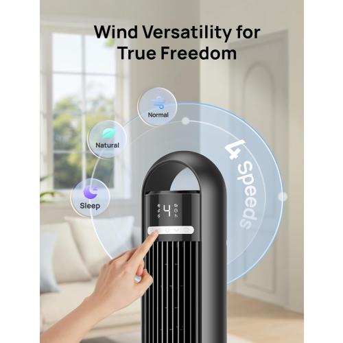 Dreo Tower Fan for Bedroom, 90° Oscillating Standing Fans for Room with 4 Speeds, 3 Modes, 28dB Quiet for Sleep, 25ft/s Velocity, 8H Timer, Remote, Living Room, Office, Home, Black, TF117