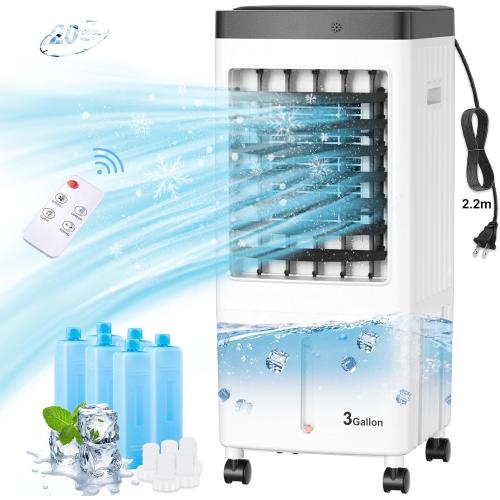 Evaporative Air Cooler, Swamp Cooler with 3 Gal Water Tank, 20H Cooling Time Swamp Cooler Air Conditioner, 80°oscillation,Portable Cooling Fan for Office/Room/Garage/Kitchen(Include 6 Ice Packs)