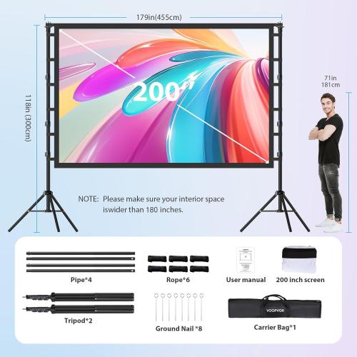 200 Inch Projector Screen with Stand: VOOPVOR 16ft Portable Large Projection Screen and Stand Outdoor - Front/Rear Movie Screen Indoor 16:9 4K HD - Wrinkle-Free & Carry Bag for Backyard Cinema